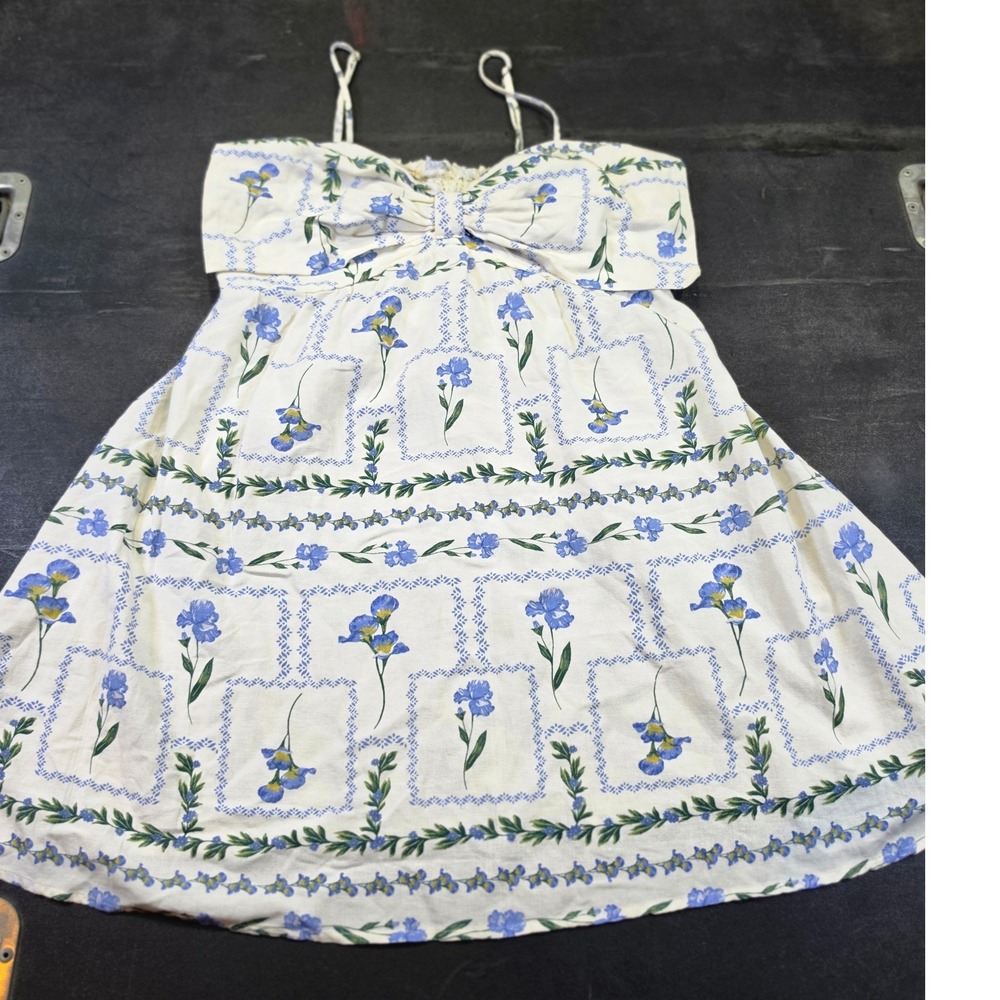 Japna Floral Bow Front Mini Dress Cream Blue Smocked Back Rayon Linen Blend L